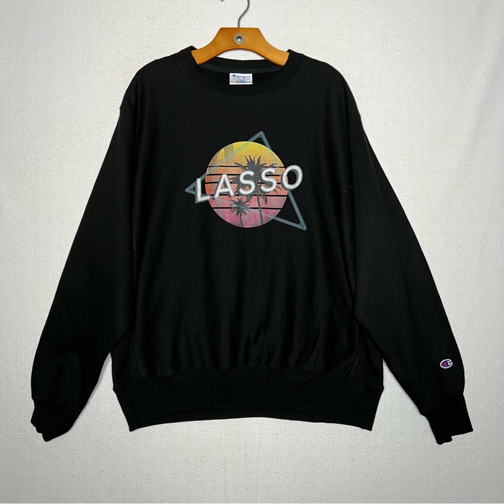 Champion Reverse Weave Black Lasso Graphic Pullover Mens Crew Sweater Size Large